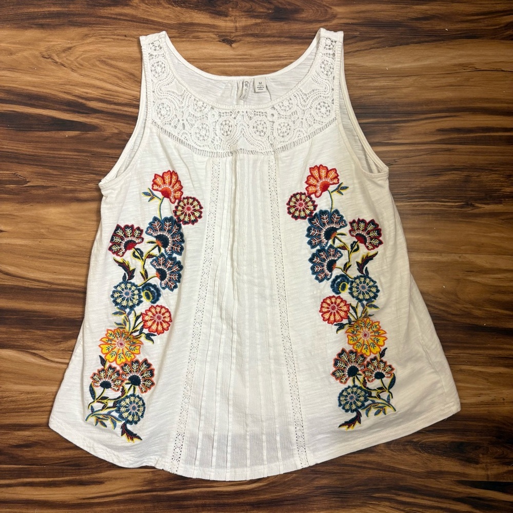 Boho White Tank Top with Colorful Floral Embroidery